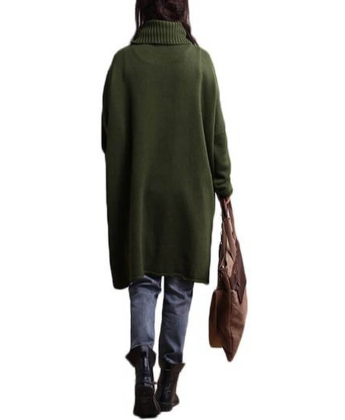 Asymmetric Hem Turtleneck Long Sleeve Army Green Sweater